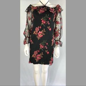 Embroidered tulle dress with a princess neckline.